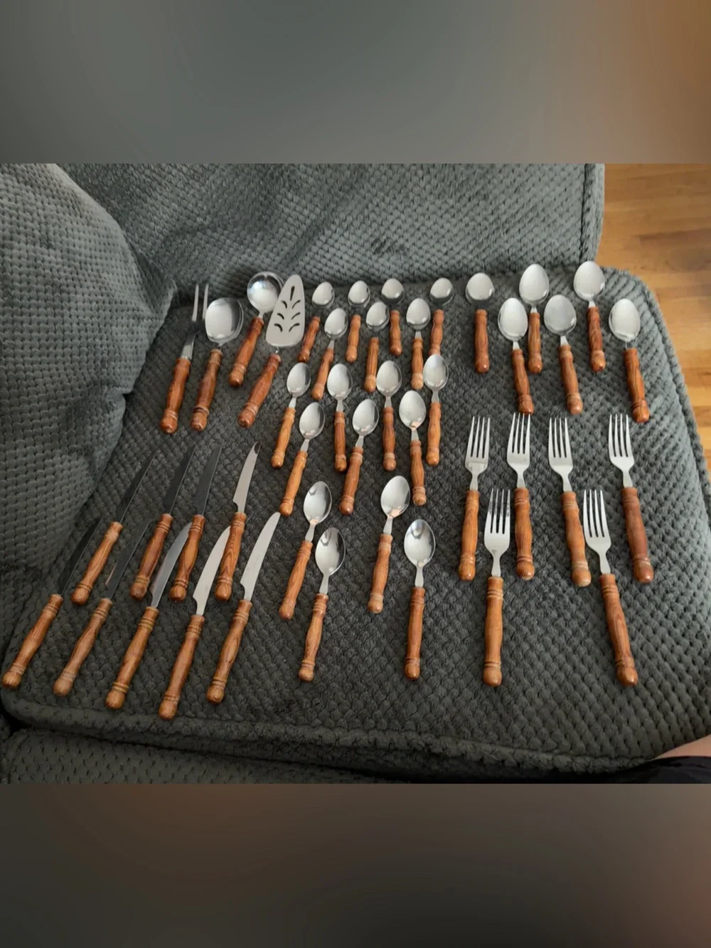 Vintage Taiwan Stainless Steel Wood Handle Flatware Set 43 Pc MCM Rustic